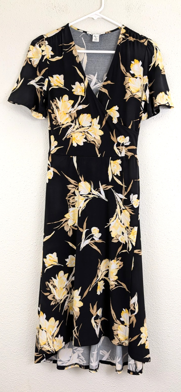 WHBM sz 00 Faux Wrap Midi length Dress slinky stretchy black yellow white 2942